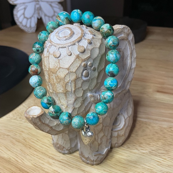 classically boho Jewelry - Aqua Serpentine 8mm Beads with Silver Puff Heart